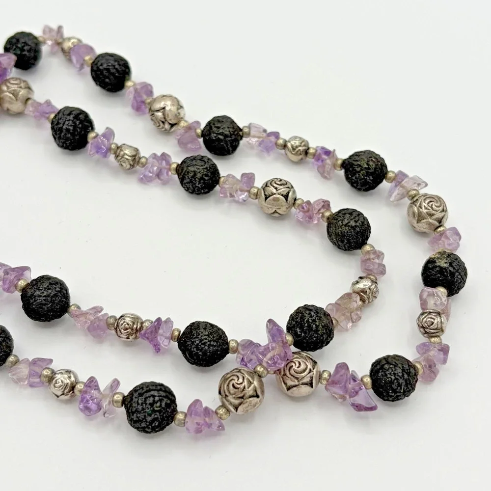 Vtg Boho Lava Rock Amethyst Gemstone Chip Silver Tone Rose Bead Long Necklace